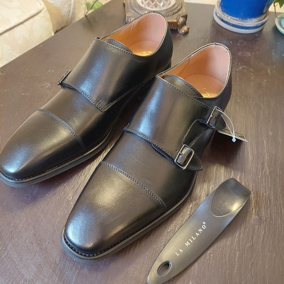 NEW! La Milano Men's Clark Leather Double Monk Strap Dress Shoes Black Sz 9M $70 - Picture 2 of 16